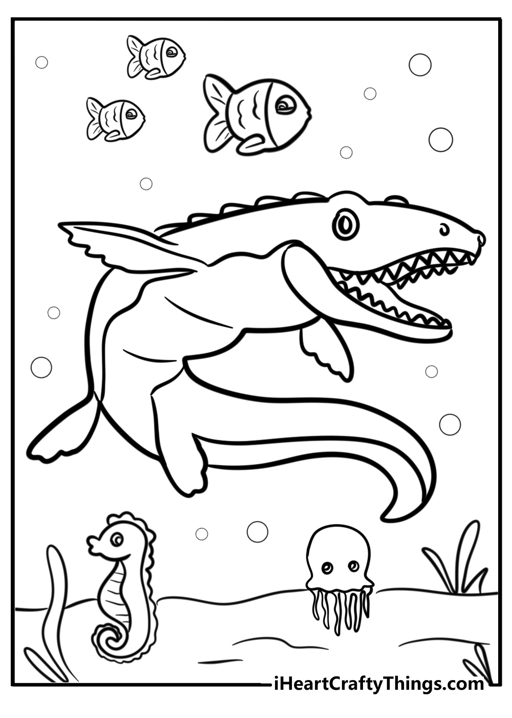 Mosasaurus and other sea creatures free printable coloring page