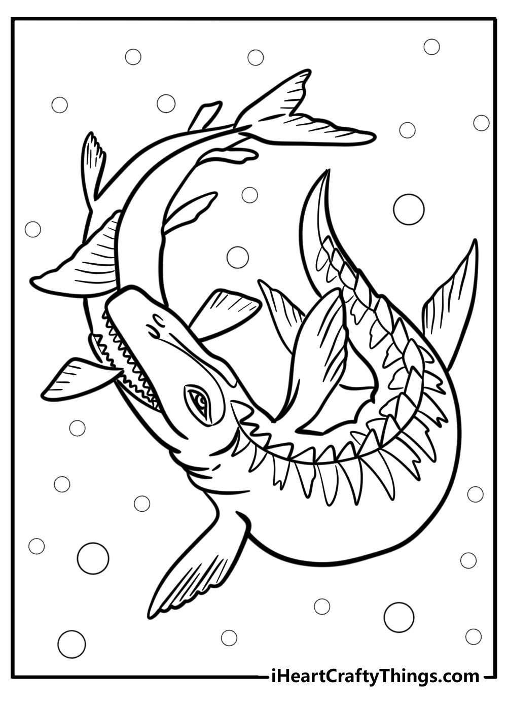 Mosasaurus catching a fish in the sea coloring page