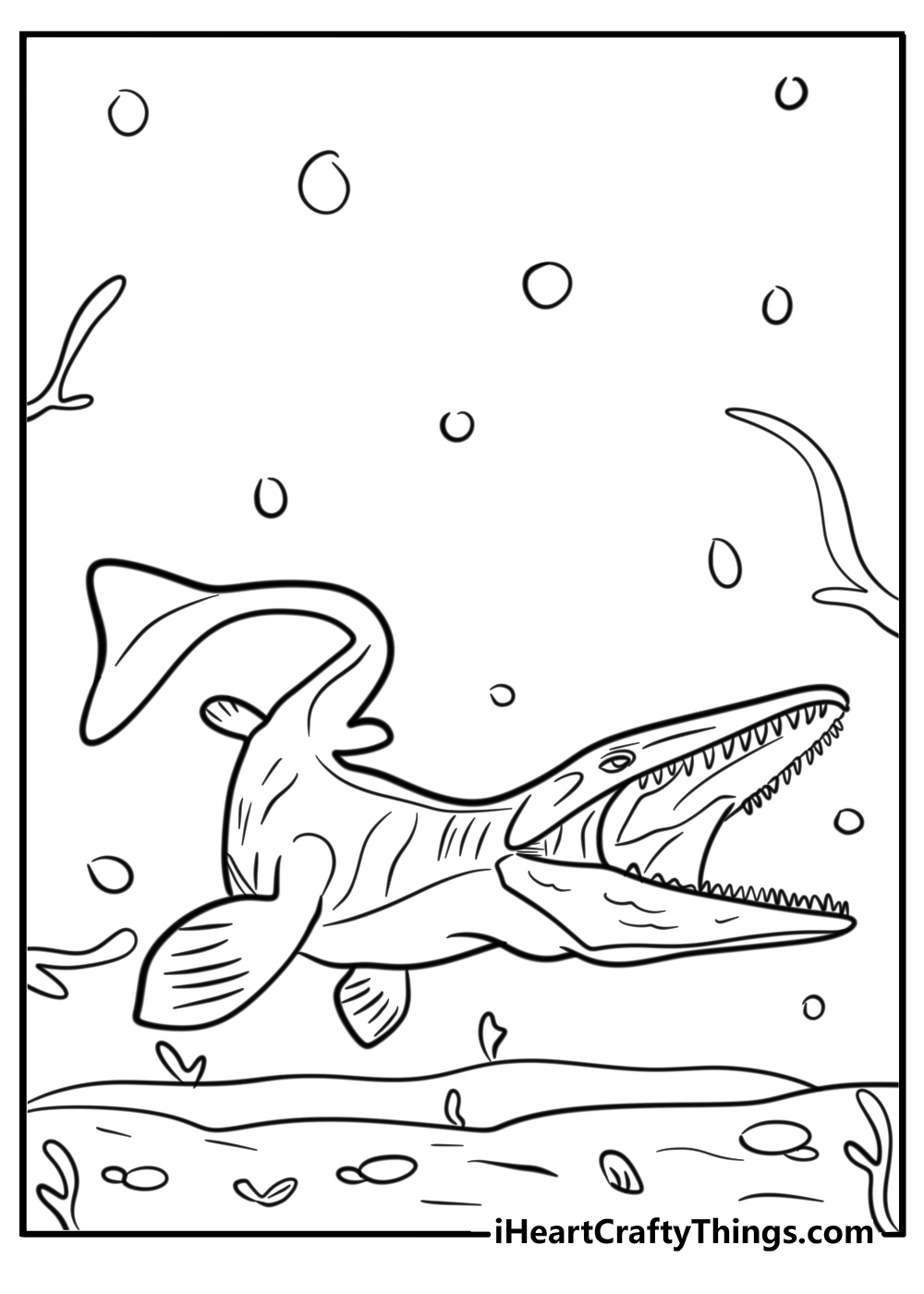 Mosasaurus in deep ocean waters coloring page for kids