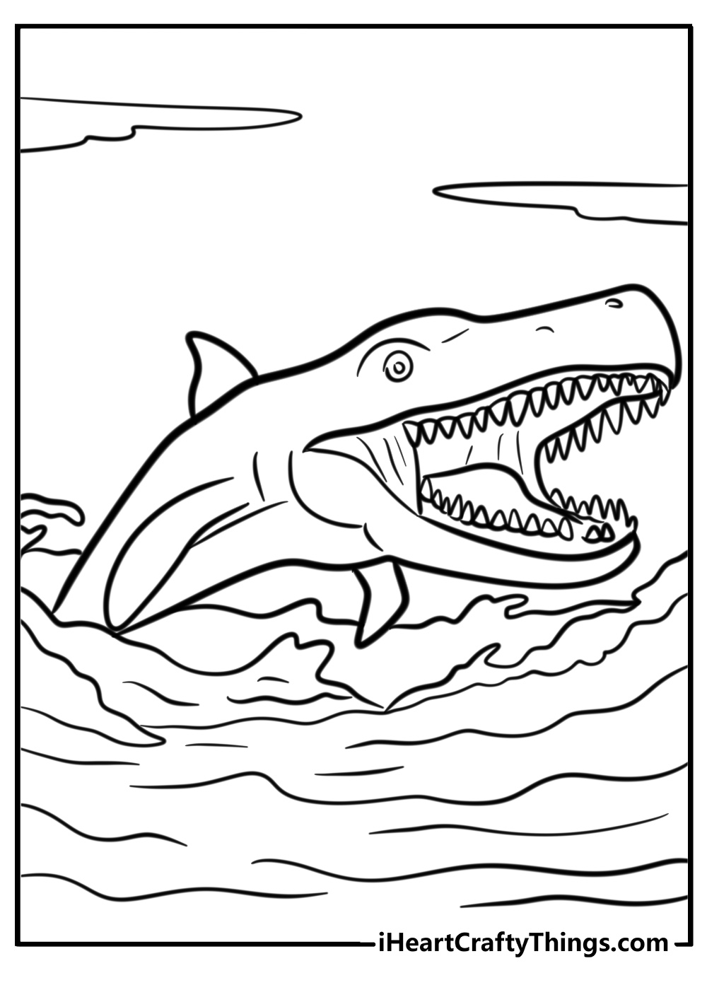 Mosasaurus leaping from the waves detailed coloring sheet