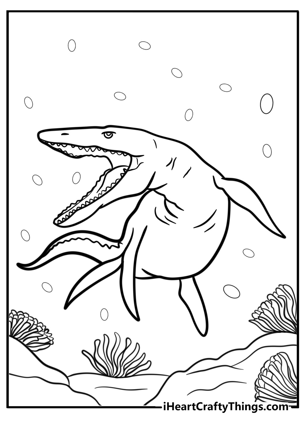 Mosasaurus swimming near coral reef fun coloring sheet