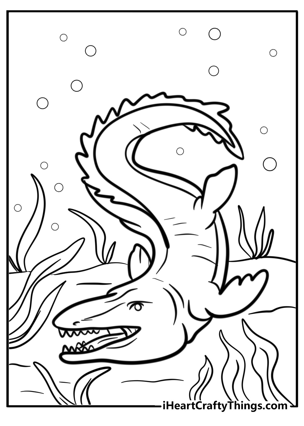 Mosasaurus swimming through seaweed coloring page