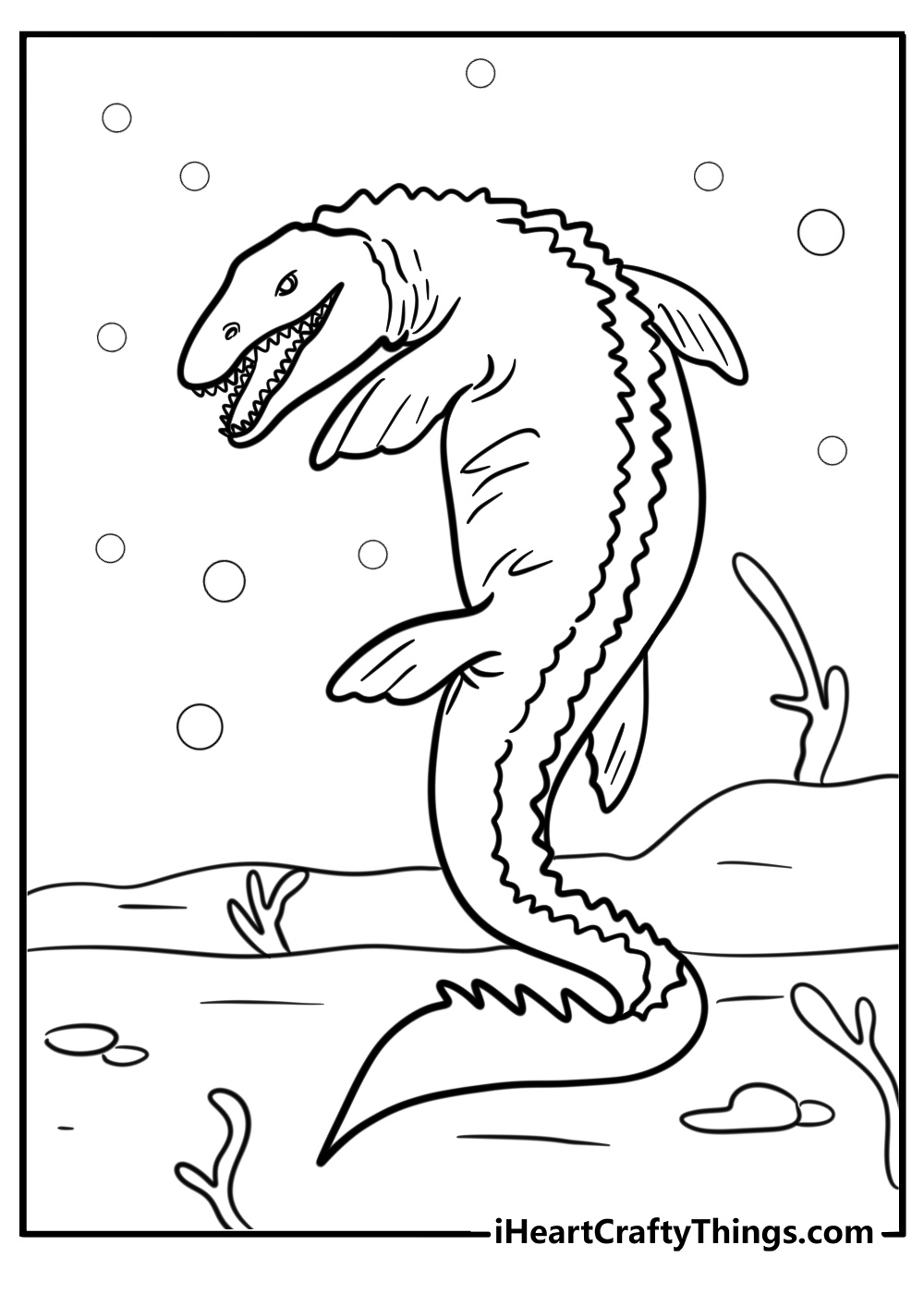 Mosasaurus with fins spread detailed coloring sheet