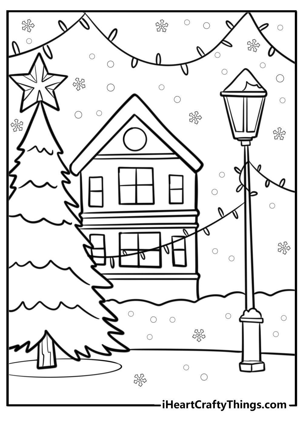 Outdoor christmas lights on a snowy night free coloring page