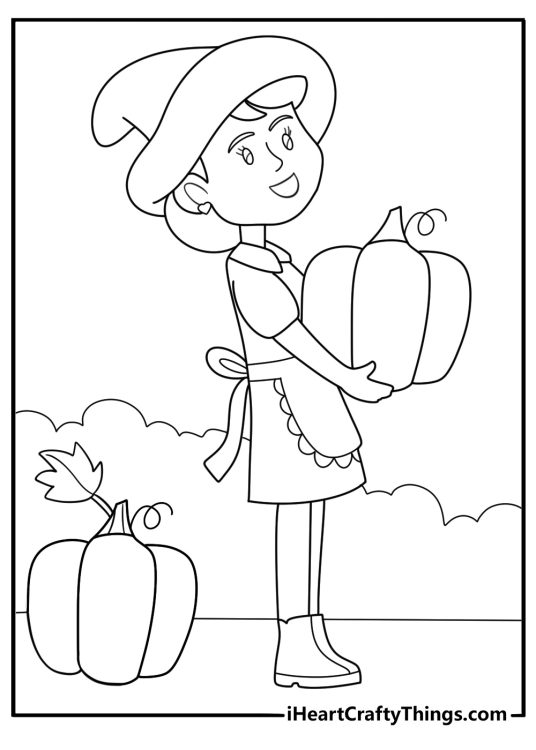 pilgrim girl with bonnet carrying pumpkin thanksgiving coloring sheet