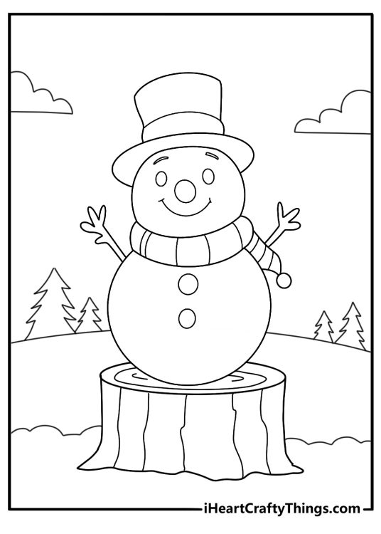 preschool snowman coloring page simple snowman sitting on a tree stump with round buttons