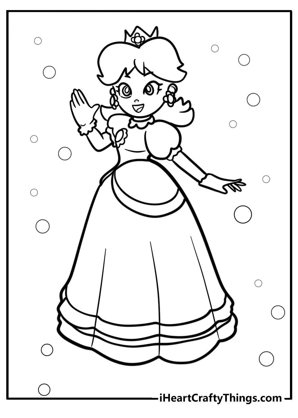 Princess daisy smiling and waving coloring page for kids