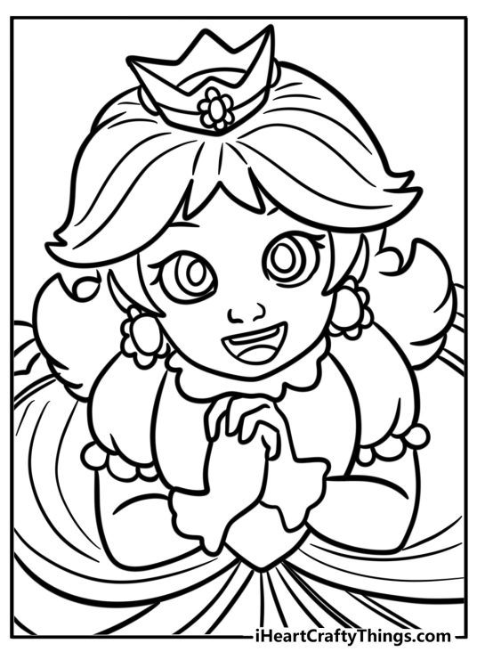 Princess daisy smiling with her crown free coloring page pdf