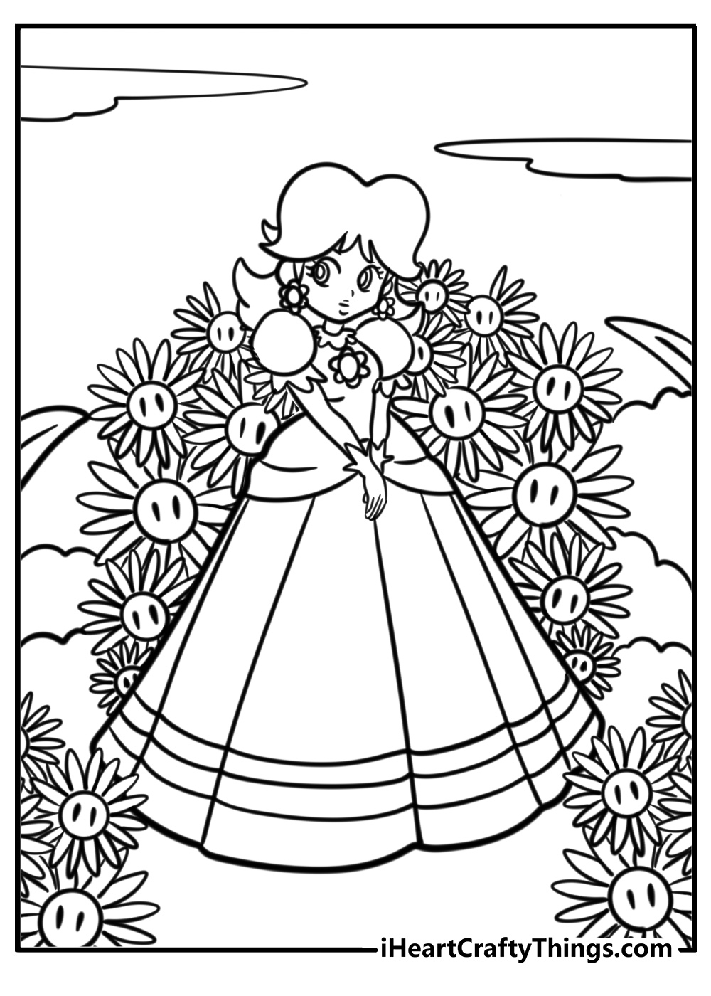 Princess daisy surrounded by flowers detailed coloring sheet