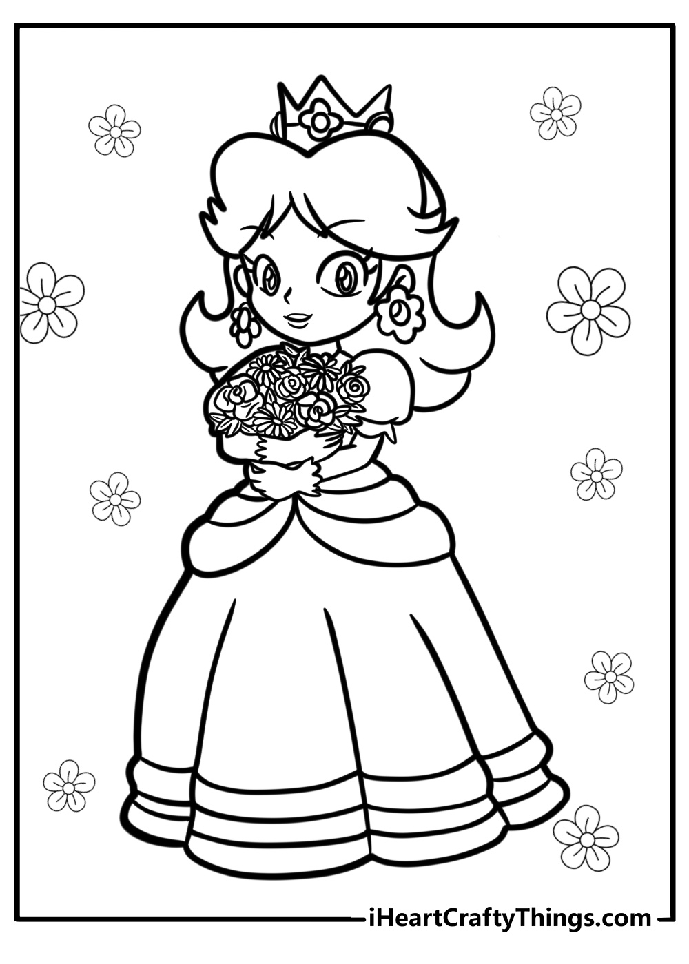 Princess daisy with a flower bouquet detailed coloring sheet