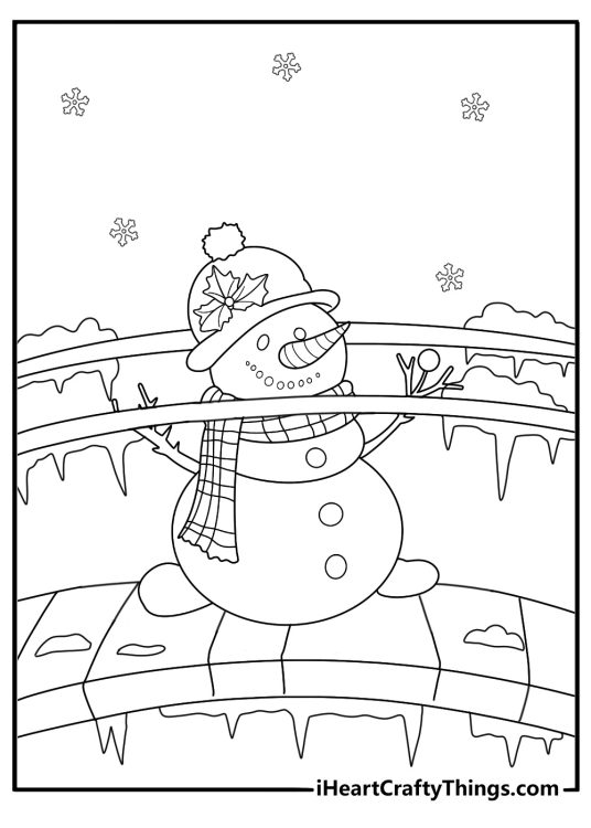 printable snowman pdf snowman near a small wooden bridge over a stream
