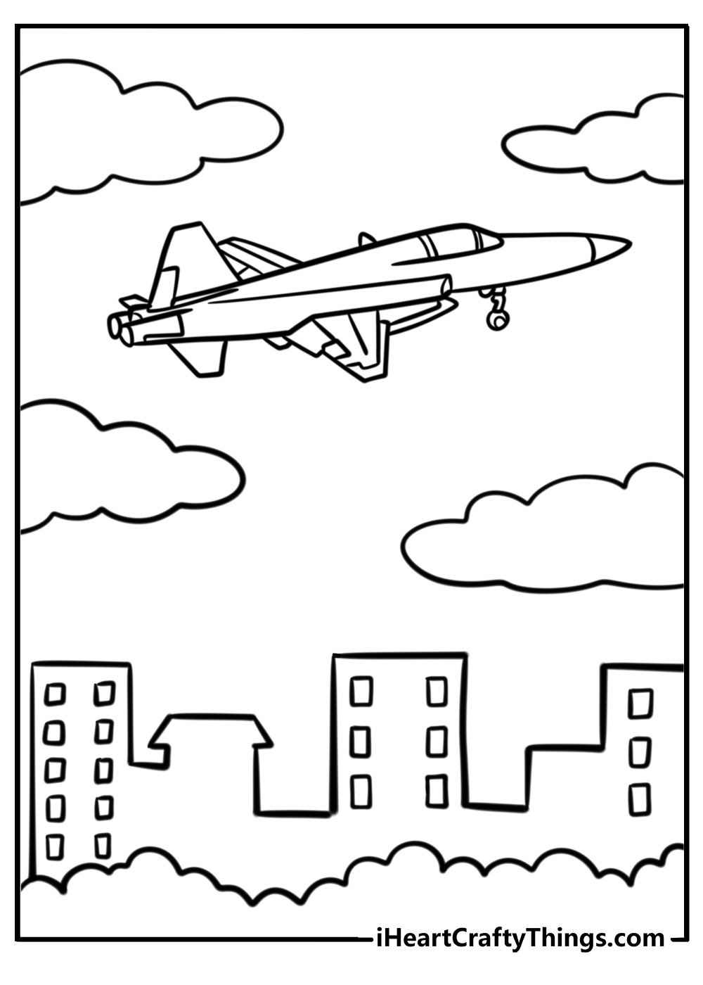 Private jet flying above the city free coloring page pdf