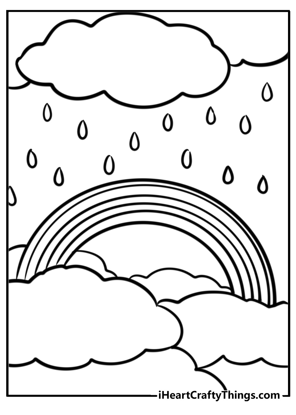 Rain and rainbow together in the sky coloring page