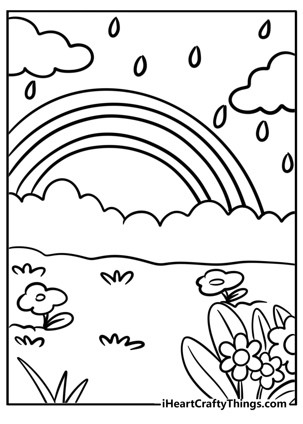 Rain falling in a garden free coloring page pdf