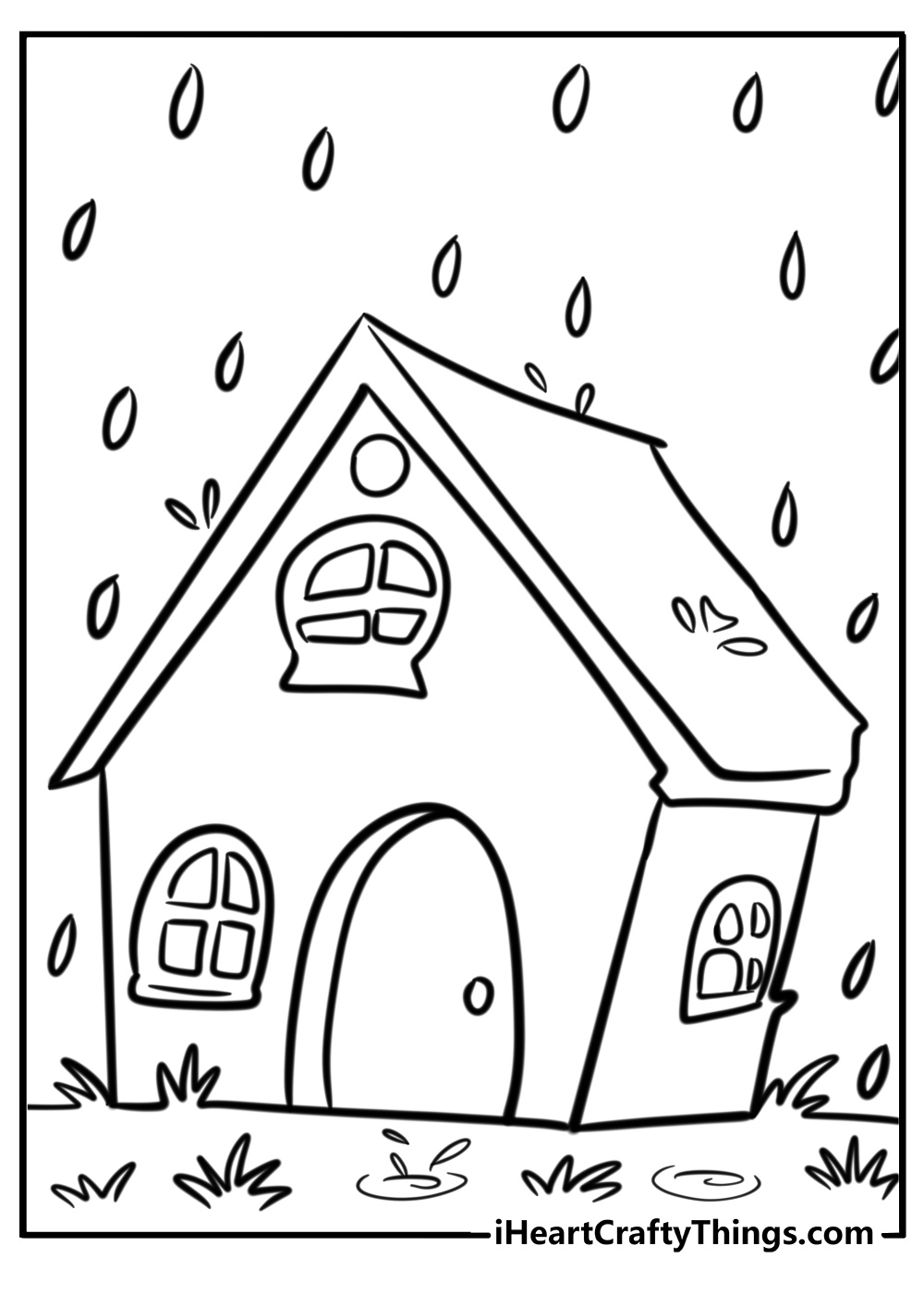 Rain falling over a house free printable coloring page