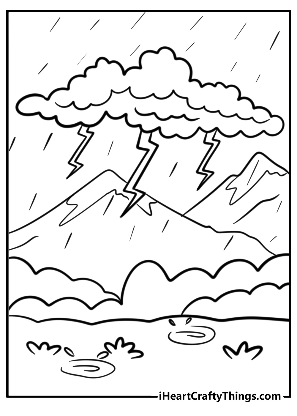 Rainy day with thunderclouds printable coloring page