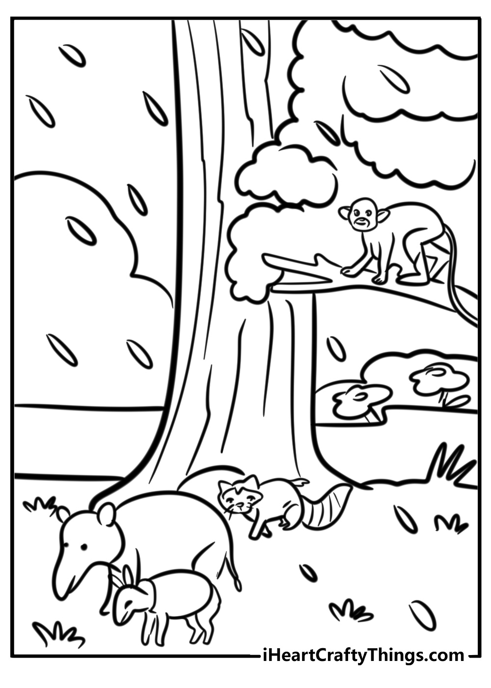 Rainy forest scene with animals free coloring page pdf