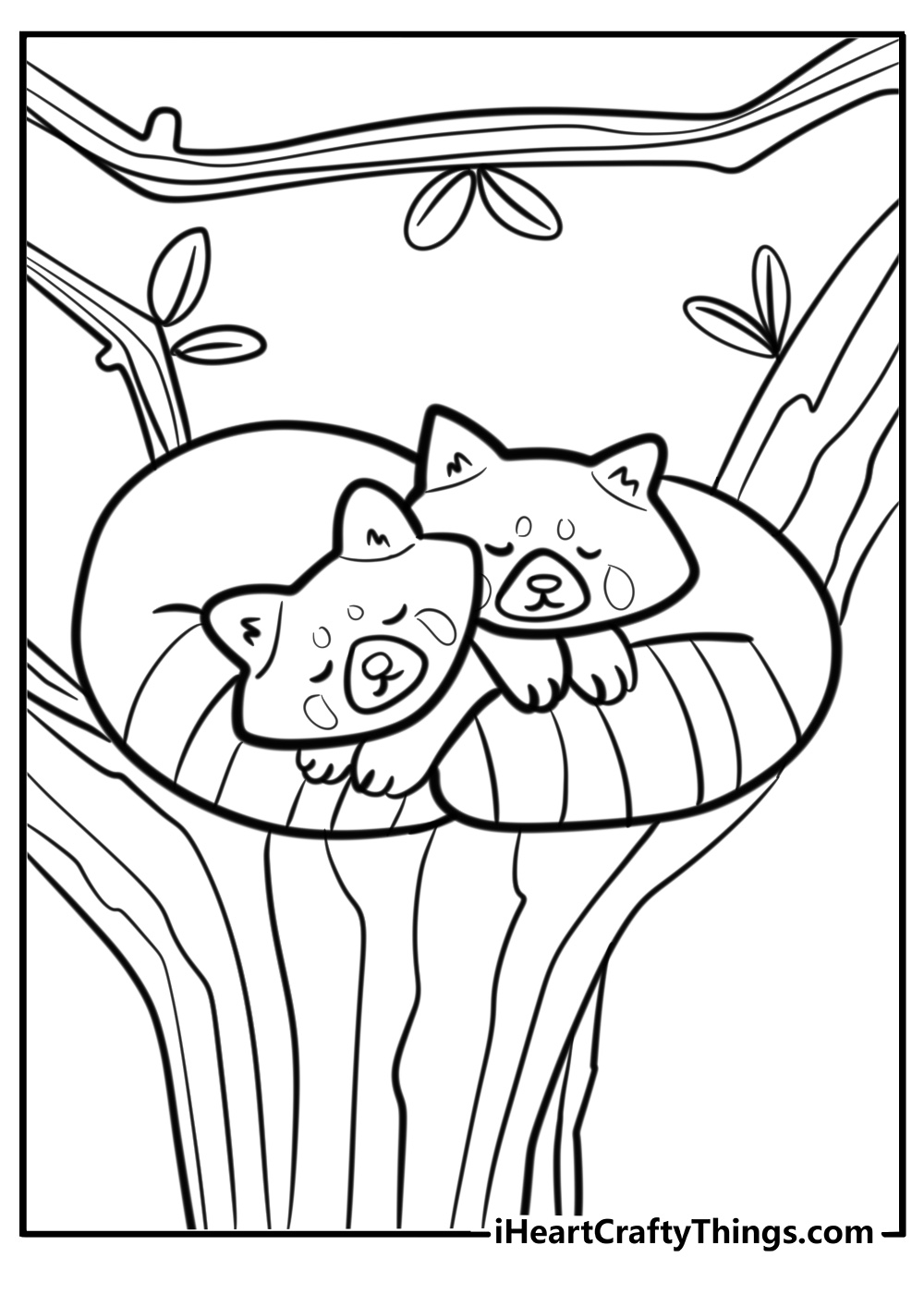 Red panda cuddled up on a branch printable coloring page