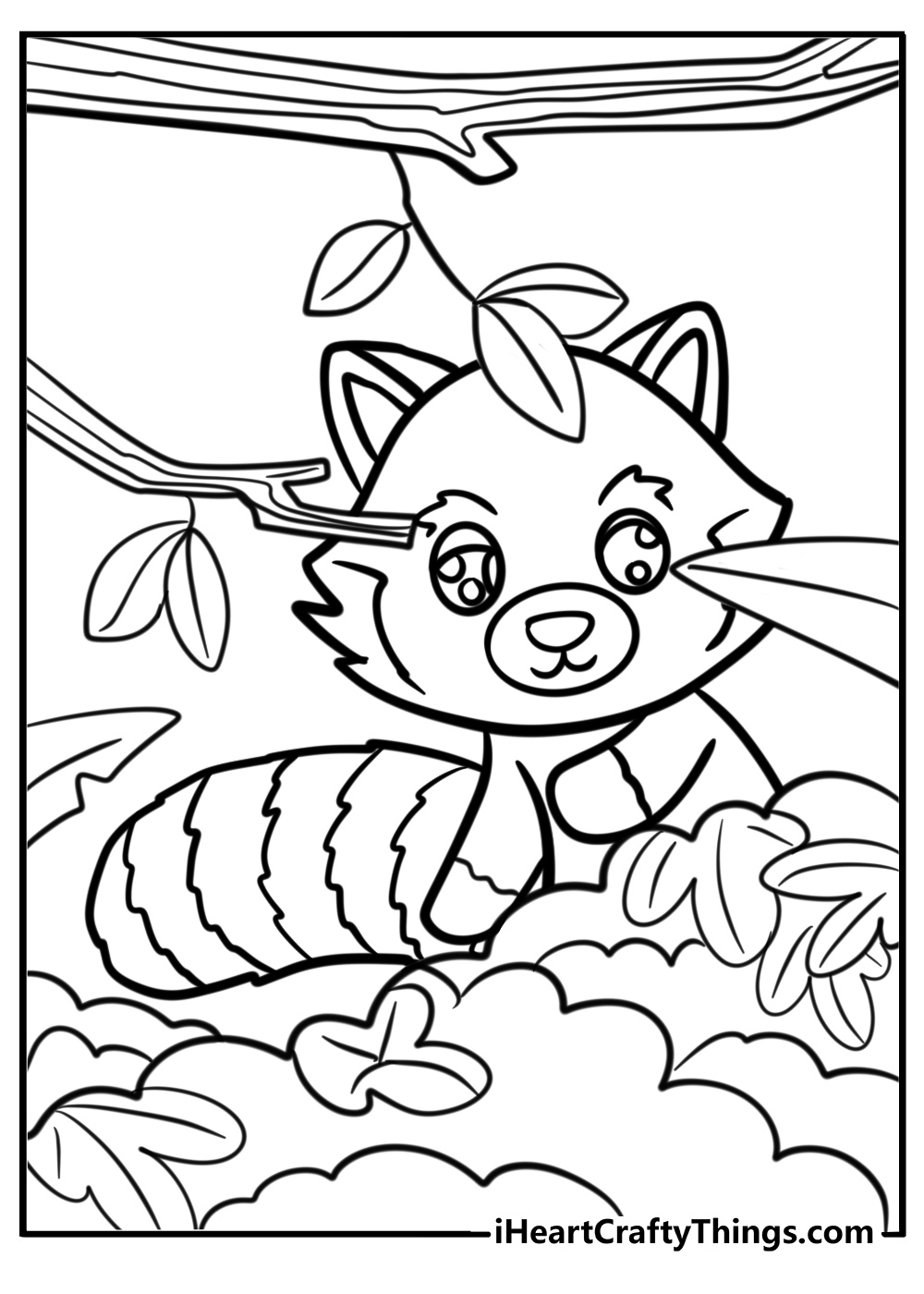 Red panda peeking from behind leaves coloring page for kids