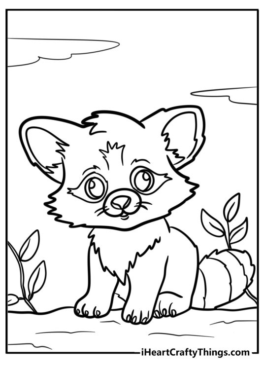 Printable pdf for kids of a baby red panda sitting peacefully surrounded by plants and clouds