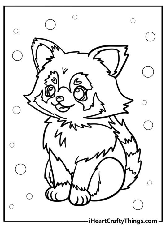 Printable pdf of a sitting red panda with a big fluffy tail surrounded by various size circles