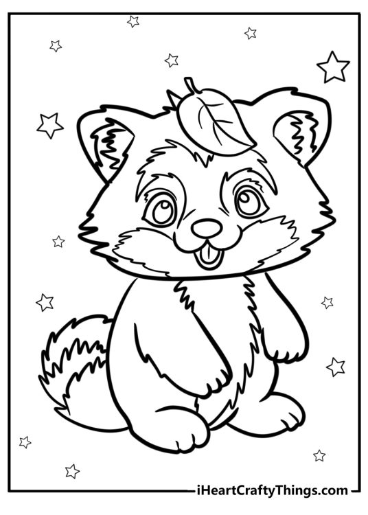 Printable image of a funny red panda with a leaf on its head and stars surrounding it