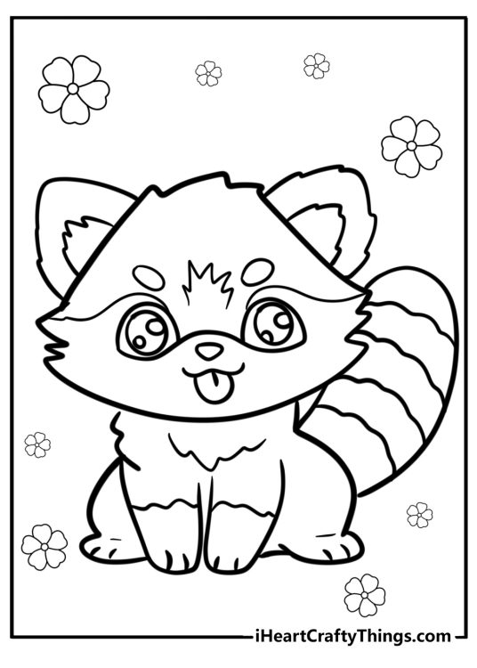 Detailed coloring picture featuring red panda with its tongue out and flowers in the background