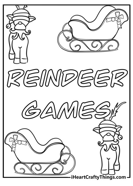 Christmas poster presenting phrase Reindeer Games in the centre surrounded by two reindeers and two sledges