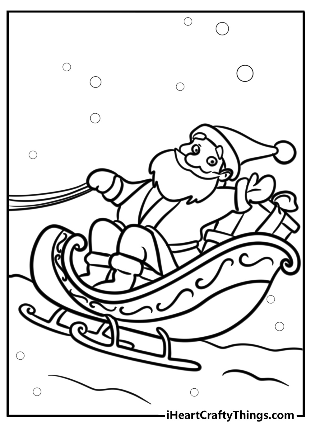 Santa and his sleigh full of presents fun printable coloring sheet