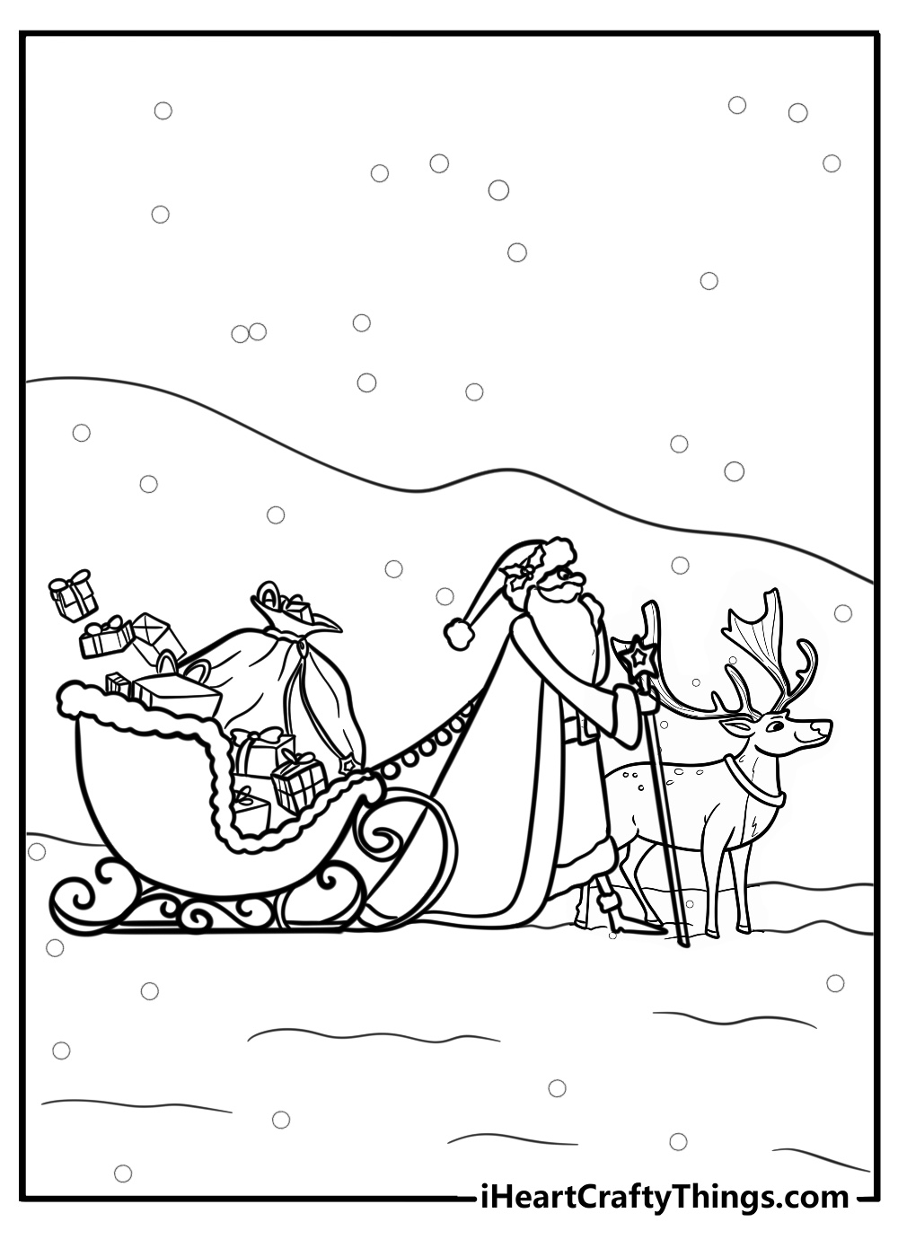 Santa and reindeer pulling the sleigh coloring page for kids