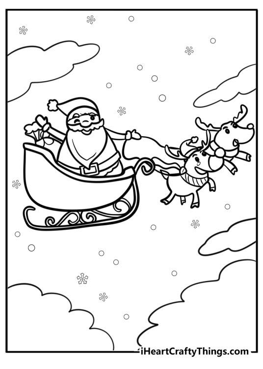 Santa flying with his reindeer free coloring page pdf