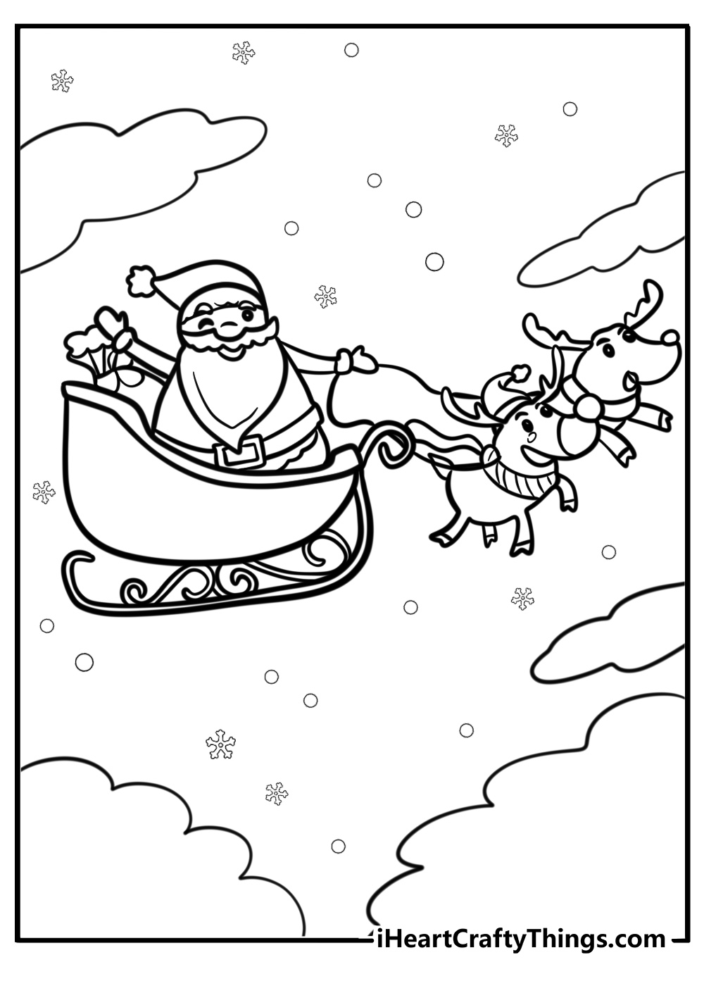 Santa flying with his reindeer free coloring page pdf