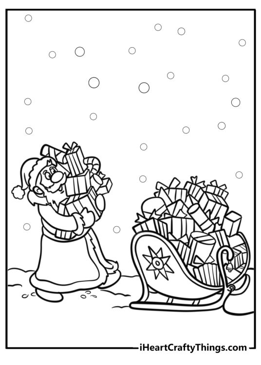 Santa loading gifts onto his sleigh free printable coloring page