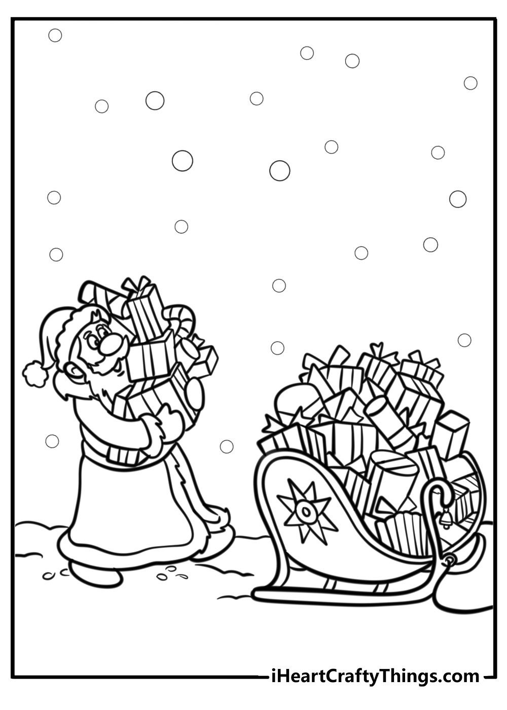 Santa loading gifts onto his sleigh free printable coloring page