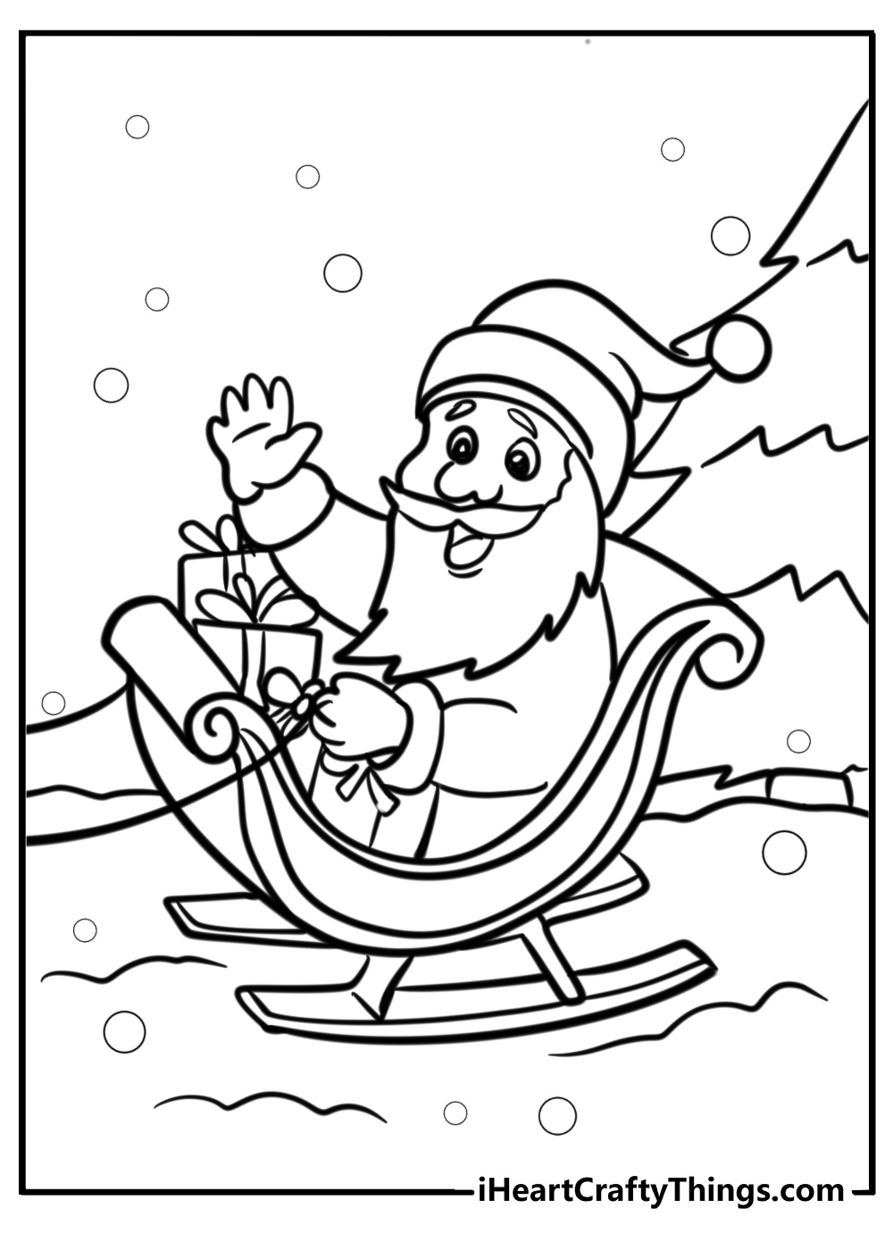 Santa waving from his sleigh coloring page