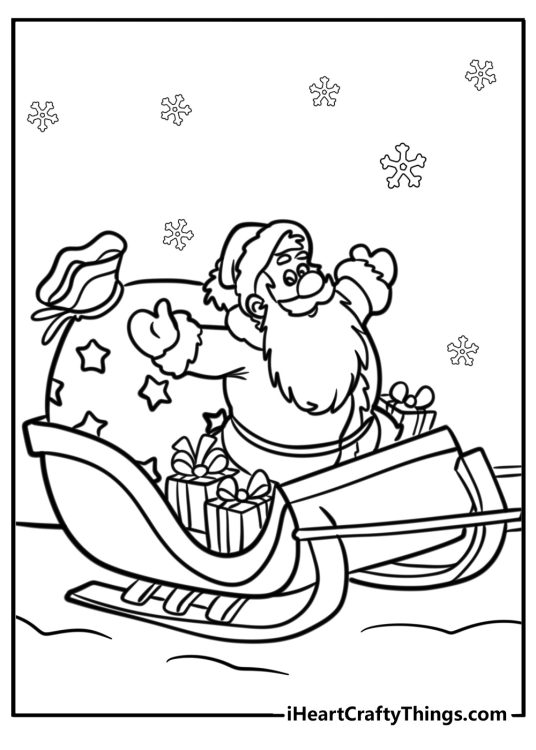 Santa with a sack of gifts on his sleigh detailed coloring sheet