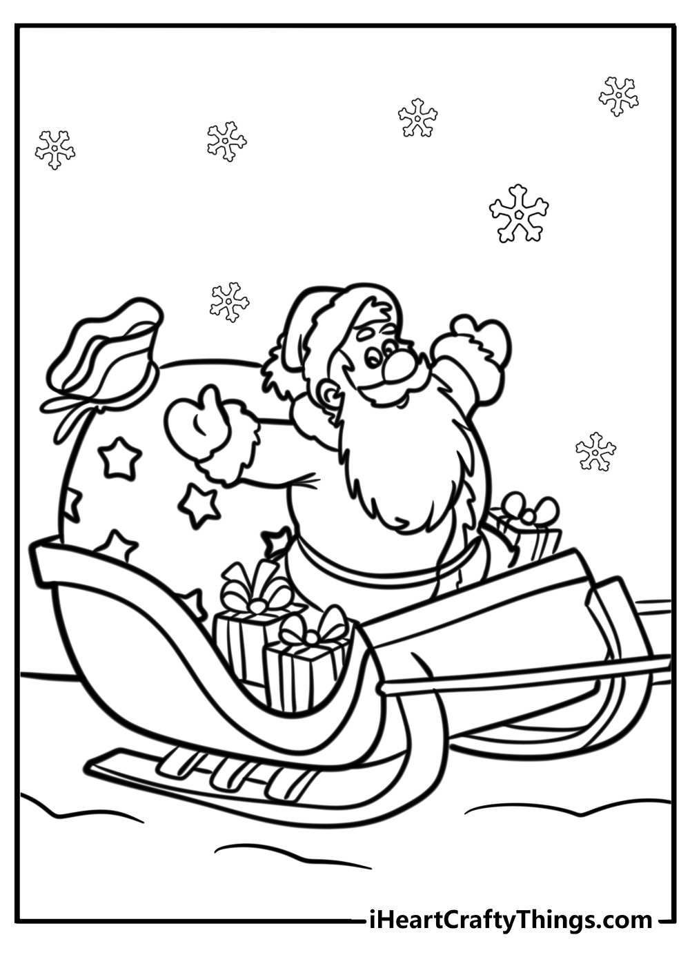 Santa with a sack of gifts on his sleigh detailed coloring sheet