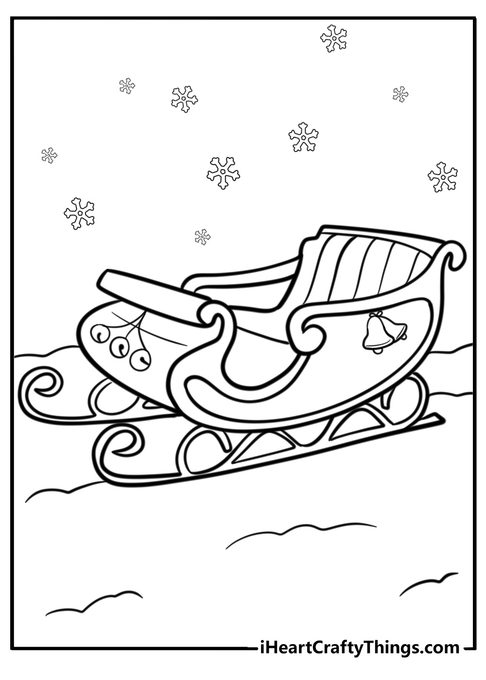 Santa's sleigh decorated with bells fun printable coloring sheet