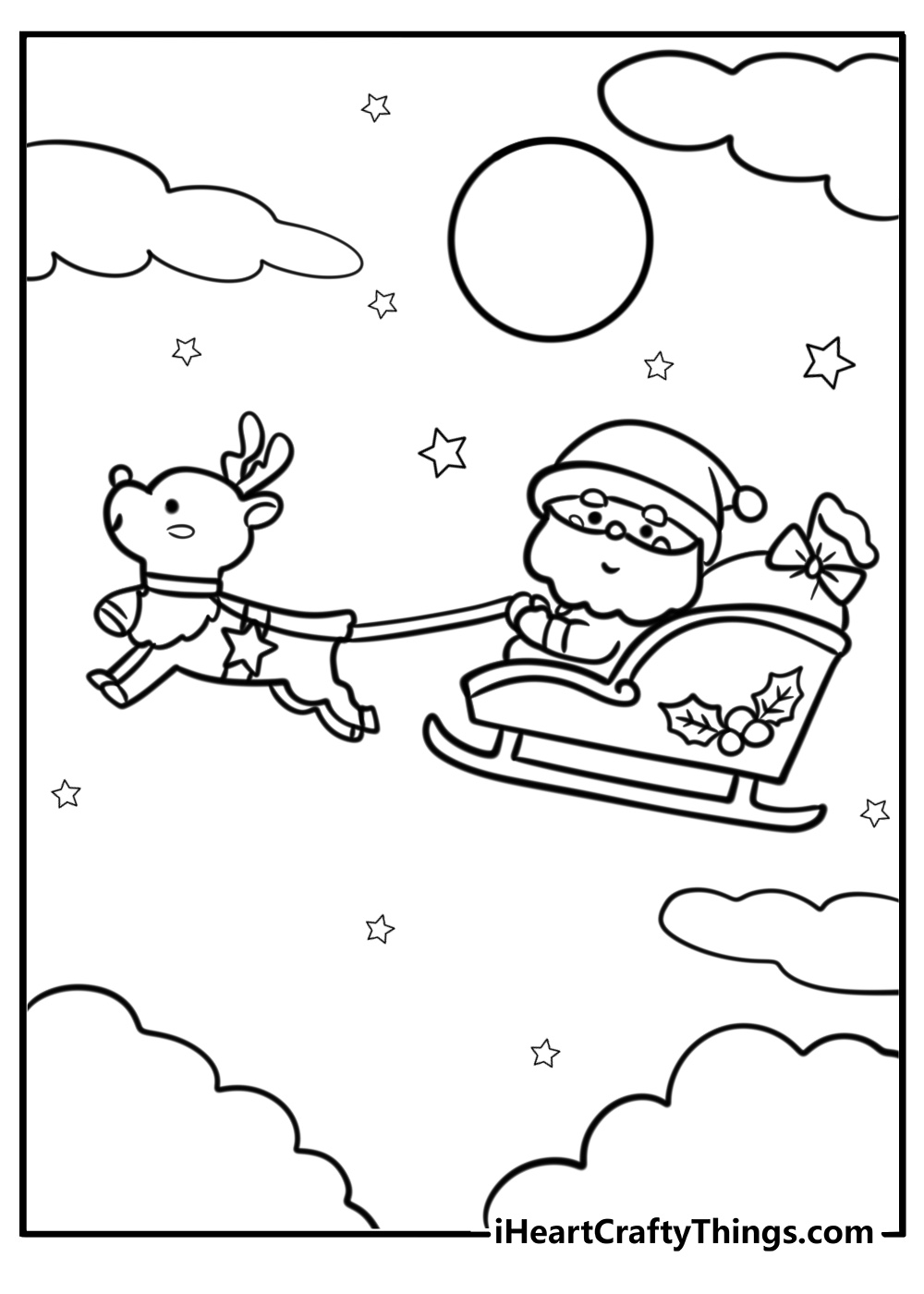 Santa's sleigh flying across the night sky detailed coloring sheet