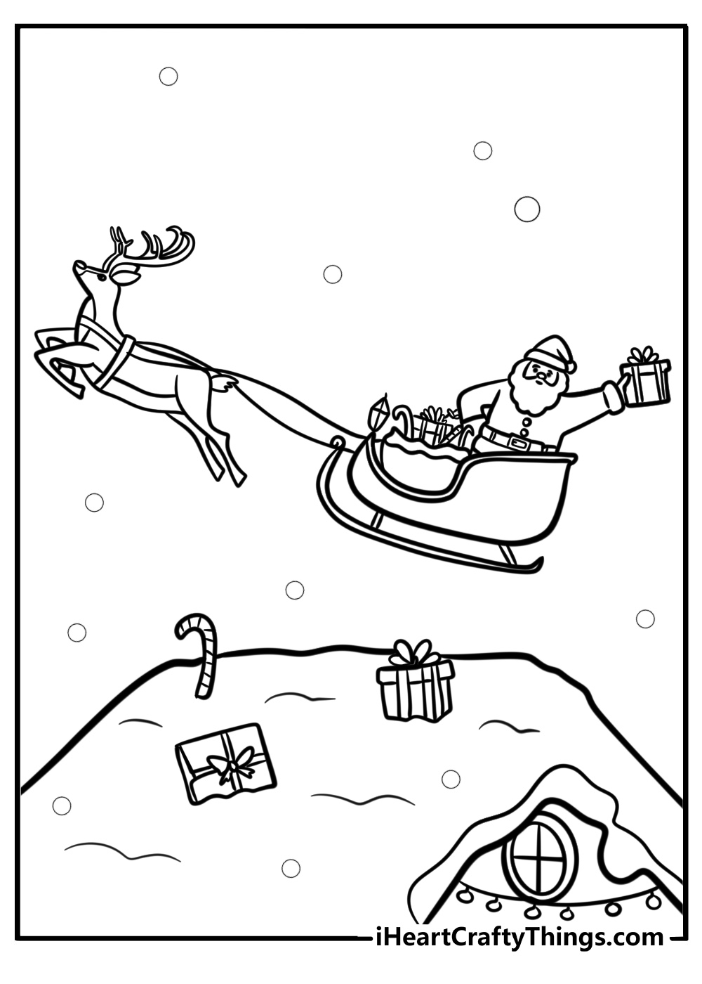 Santa's sleigh flying over rooftops coloring page for kids