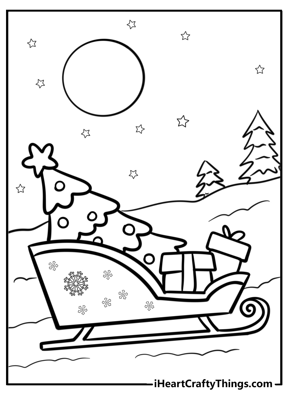 Santa's sleigh in the moonlight detailed coloring sheet