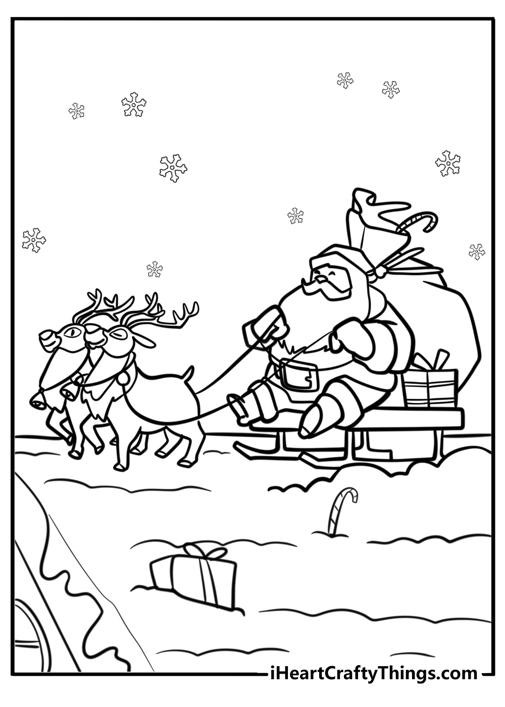 Santa's sleigh landing on a snowy rooftop fun coloring sheet