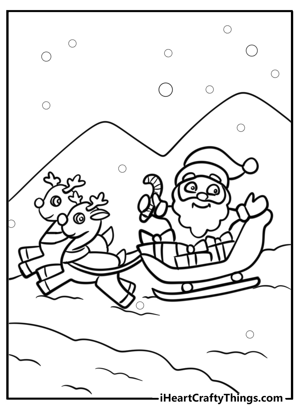 Santa's sleigh pulled by reindeer free coloring page pdf