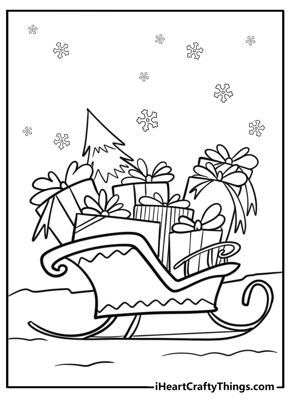 Santa's sleigh with christmas presents detailed coloring sheet