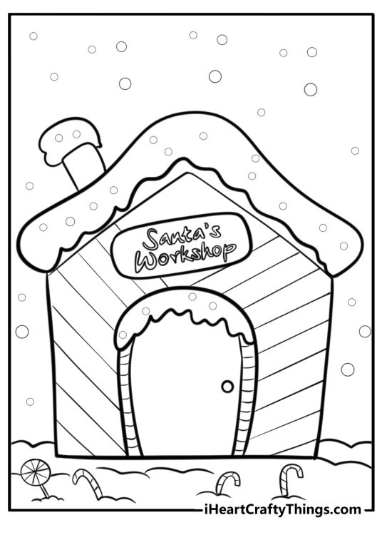 Christmas-themed picture to color featuring fairytale house with Santas Workshop sign on it on a snowy day