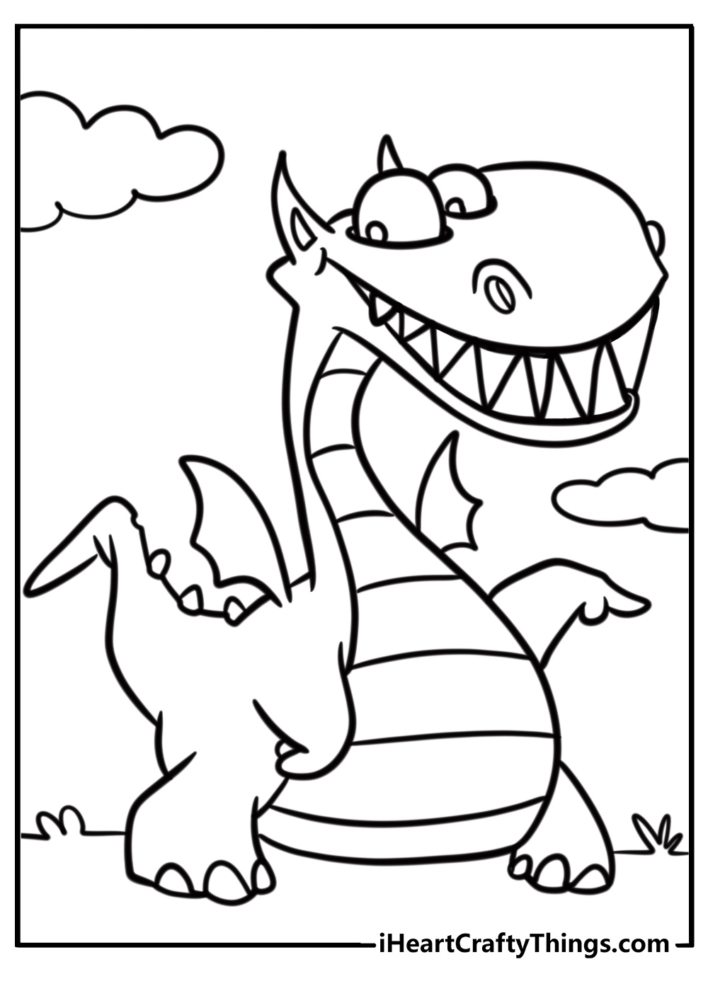 Scary dragon with sharp teeth free printable page