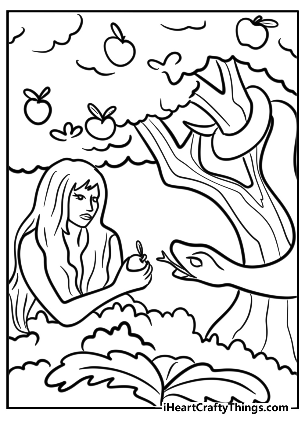 Serpent in the tree of knowledge with Eve coloring page