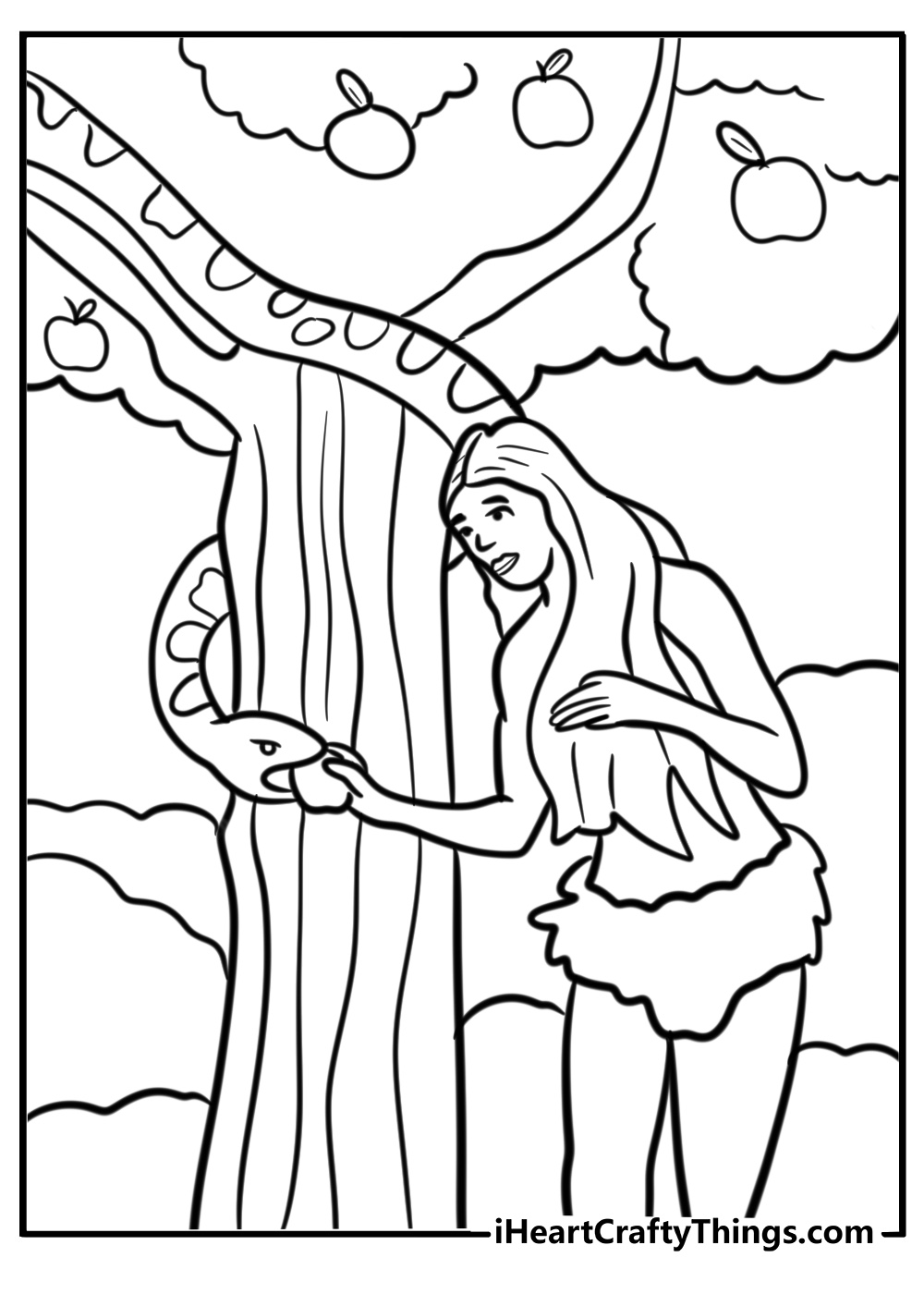 Serpent tempting eve with an apple free printable coloring page