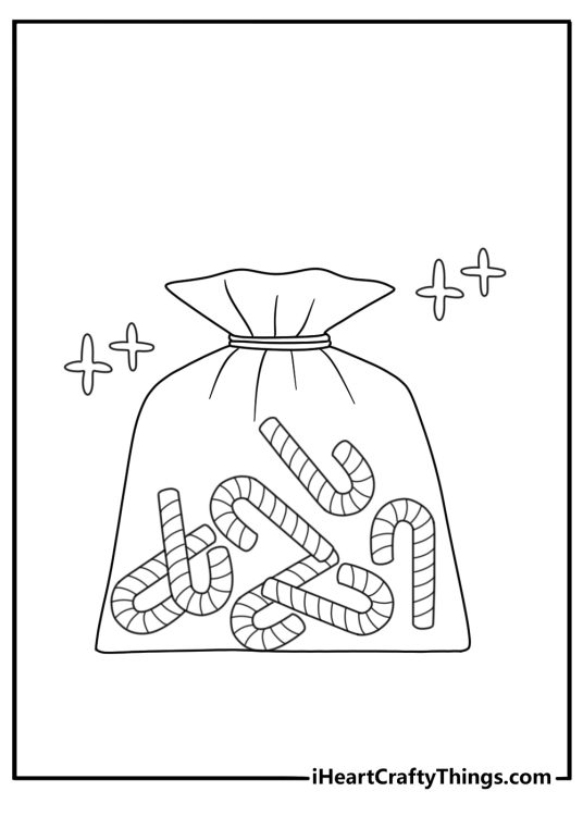 several miniature candy canes fill a clear candy bag in this coloring sheet