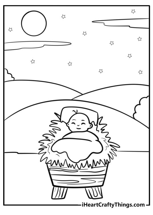 Christmas-themed coloring pdf depicting silent night Nativity scene with the baby Jesus in a small manger